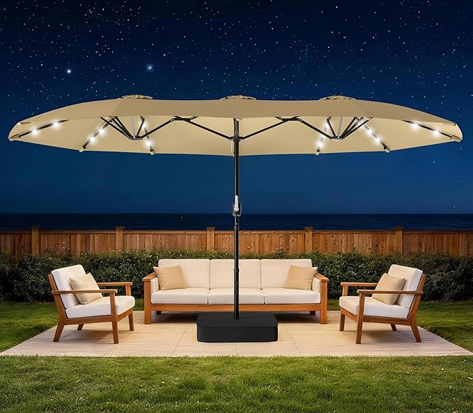 HOPERAN 15FT Patio Umbrella with Base Included, Large Outdoor Double-Sided Rectangle Table Umbrella with Easy Crank Lift, Market Umbrella for Backyard, Pool&Garden