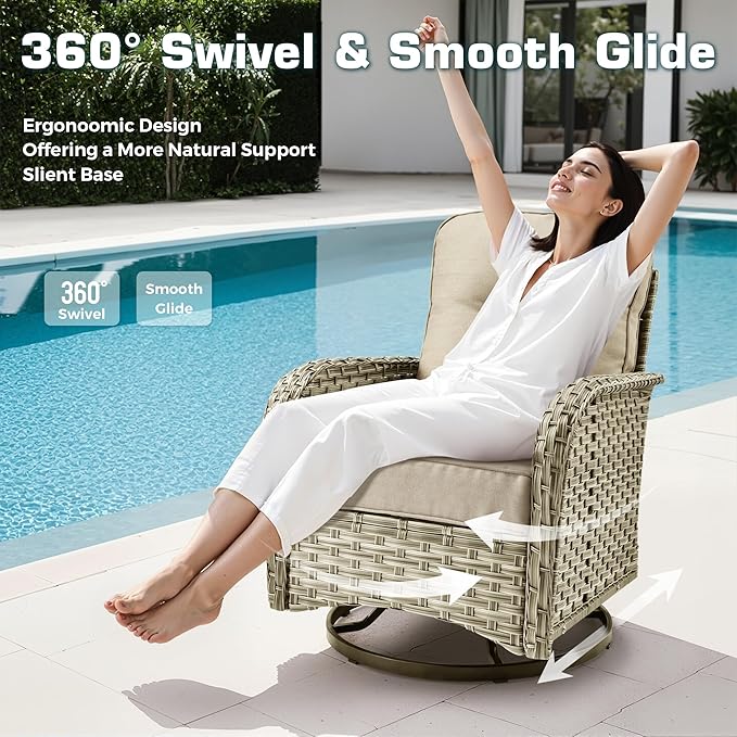 8 Pcs Outdoor Sectional Patio Furniture Set with Swivel Rocking Chair and Ottomans - All Weather Wicker Outside Sectional Couch,Patio Seating Outdoor Conversation Sets for Deck Yard Garden,Beige