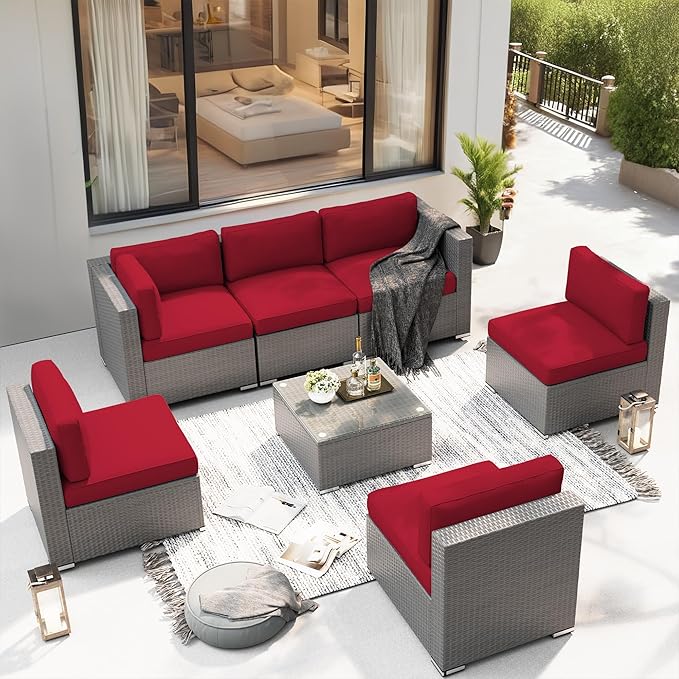 8 Pieces Outdoor Patio Furniture Set with Waterproof Cover, Grey Wicker Patio Sectional Sofa Set, Outdoor Couch with Cushion and Tempered Glass Table, Red