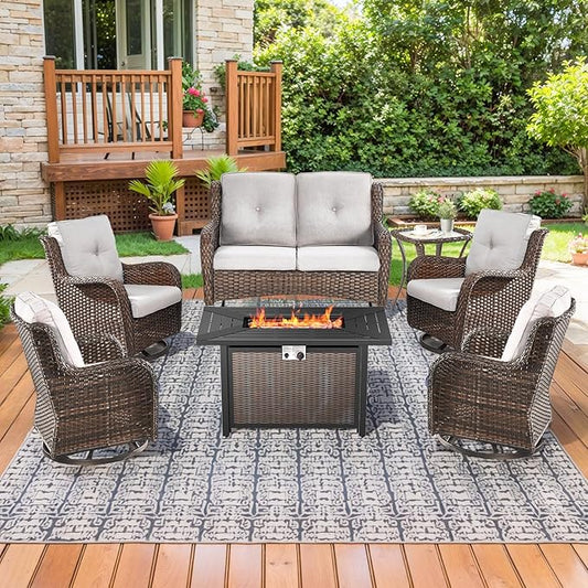 Patio Loveseat Glider Set, Resin Wicker Loveseat Glider with 4 Swivel Patio Chiars Rectangular Firepit Table, 7 Piece Patio Conversation Loveseat Set, Brown Wicker|Beige Cushions