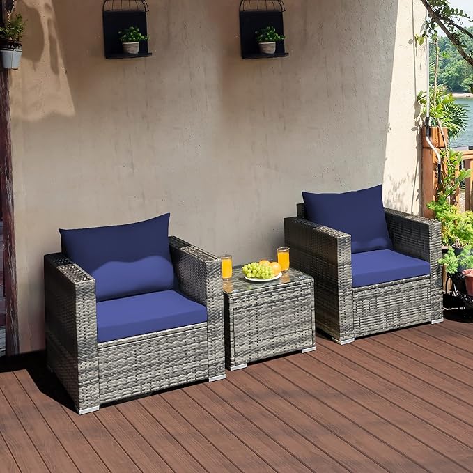 DORTALA 3 Pieces Patio Furniture Set, Outdoor Rattan Sofa Couch Set with Cushions, Tempered Glass Coffee Table, Wicker Patio Conversation Set for Lawn Backyard Poolside Balcony, Navy