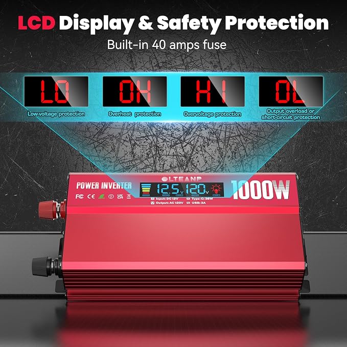 OLTEANP 1000W Power Inverter with LCD Screen Display, 2 AC Outlets, 36W Type-C Port, 5V/3A USB Port, 12V DC to 110V/120V AC Inverter for Truck, Home, Vehicles, Laptop, Trip