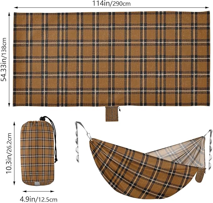 Brown Buffalo Plaid Checked Red 330lb Capacity Outdoor Hammock with Hanging Rope Cloth Hammock for Outside Patio Backyard Poolside hamaca inflable para Piscina
