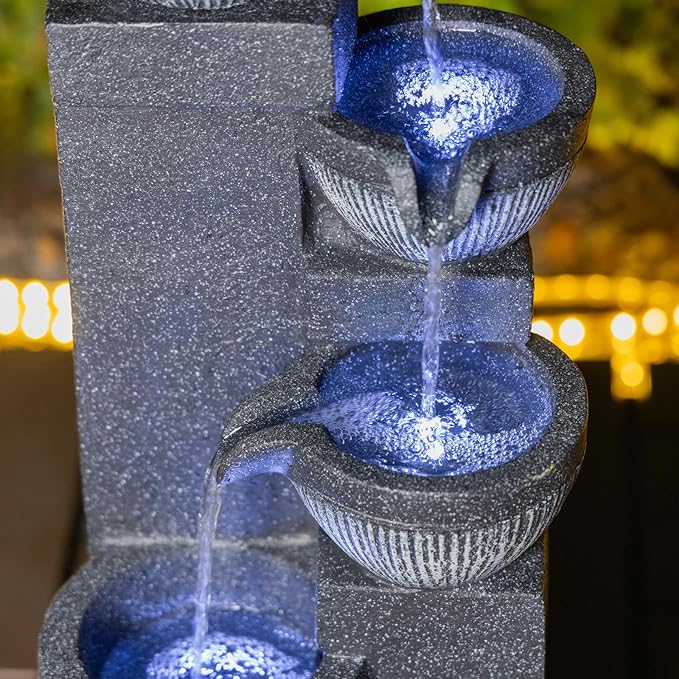 Outdoor Water Fountain 23.6 Inch Cascading Waterfall Fountain with LED Lights for Patio Garden Yard Balcony Resin Modern Outdoor Water Feature Relaxing Tabletop Style Landscape Décor
