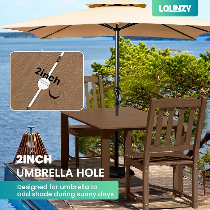 LOUNZY 7 Pieces Patio Dining Sets, Outdoor HDPE Furniture Set for 6 w/ 2" Hole Cut-Out Dining Table with 6 Armless Patio Chairs for Pool, Lawn and Garden,Brown