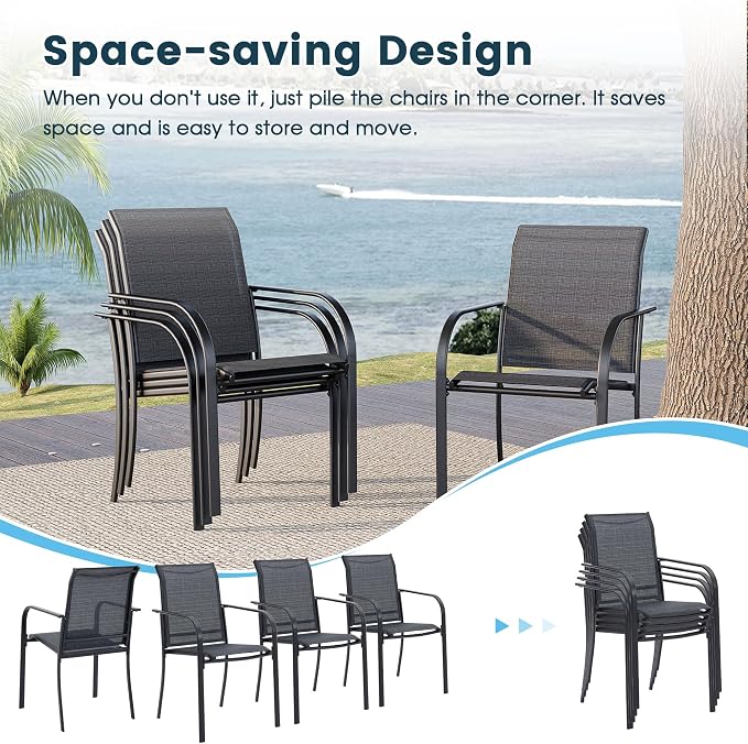 5 Pieces Patio Dining Set, 38" Square Dining Table with Umbrella Hole, 4 Stackable Textilene Fabric Chairs, Metal Structure for Patio, Porch, Garden(Black Table, Grey Chair)