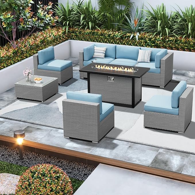 SUNCROWN Outdoor Patio Furniture Set 8 Piece Outdoor Sectional Sofa Grey Wicker Conversation Sofa Set with Coffee Table, Cushions and Fire Pit Table, Light Blue