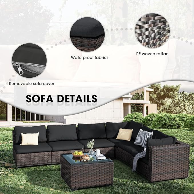 Patio Furniture Set 5 Piece All Weather PE Rattan Outdoor Sectional Sofa Couch with 4 x arm Sofa, No-Slip Cushions and Glass Top Table for Garden, Poolside, Backyard (Black)