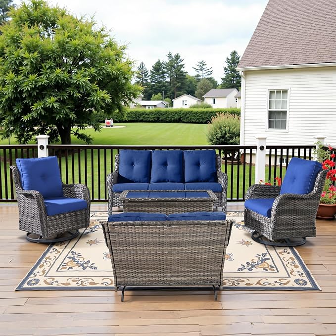 Belord 5 Piece Outdoor Wicker Furniture, Patio Swivel Rocking Chairs with Loveseat and 3 Seat Sofa,All Weather Patio Conversation Furniture Set, for Backyard Poolside Gray Wicker/Blue