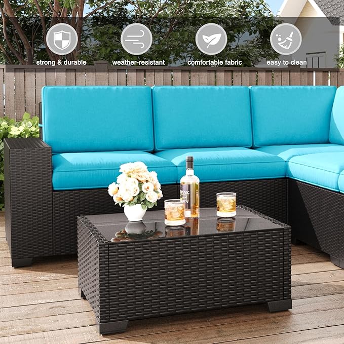 LayinSun 13 Pieces Patio Furniture Set with Fire Pit Table, Black Rattan Modular Sectional Patio Conversation Sofa Set