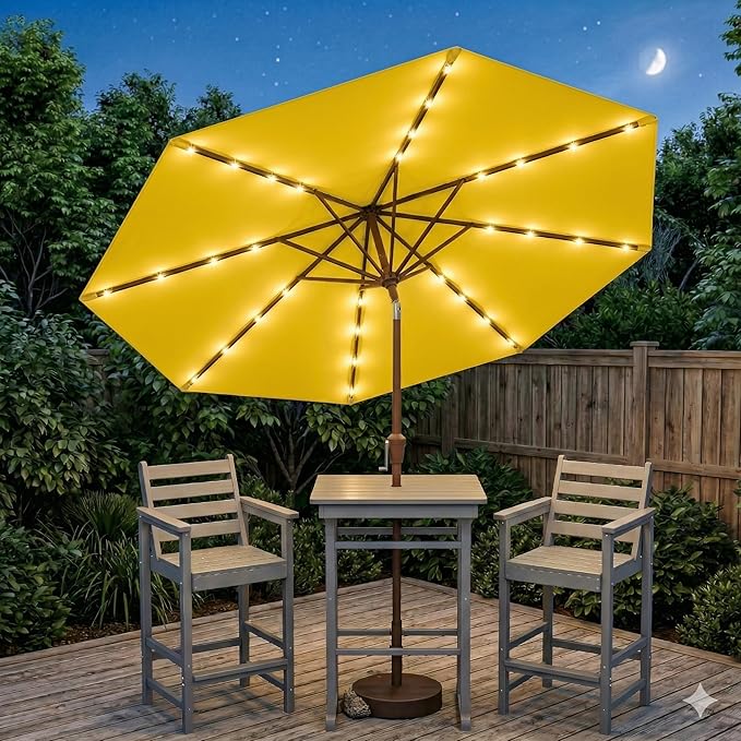 10FT Solar Lighted Patio Umbrella, Outdoor Table Market Umbrellas with Push Button Tilt and Crank, 32 LED Lights, 8 Sturdy Ribs, UV-Resistant for Deck, Garden, Pool