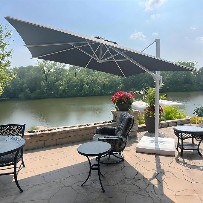 PURPLE LEAF 10 FT Patio Umbrella White Cantilever Umbrella Square Aluminum Offset Outdoor Umbrella Hanging Windproof with 360° Rotation for Garden Deck Pool, Grey