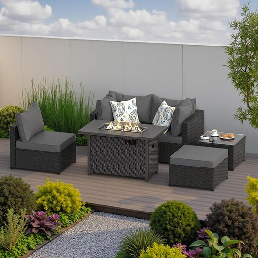 Patio Furniture Set with Fire Pit Table, 6PCS Outdoor Conversation Sets Waterproof Rattan Sectional Sofa with 4” Thickened Cushion Modular Wicker Patio Furniture Set with Glass Top Table (Grey)