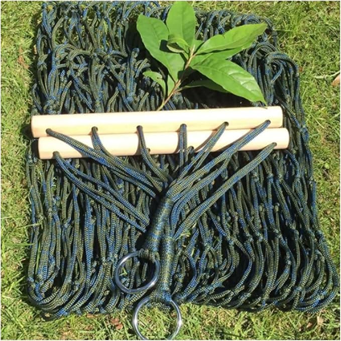 Nylon Rope Hammock with Wooden Sticks Lightweight Portable Strong and Stable Outdoor Camping Tree Hanging Hammock(Blue)