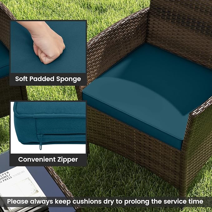 ORALNER 4 Pieces Patio Furniture Set, Rattan Chairs Loveseat with Soft Cushion and Glass Table, Outdoor Wicker Conversation Set for Balcony Garden Backyard Porch Poolside (Peacock Blue)
