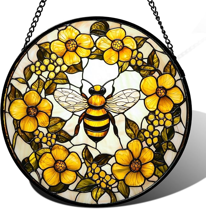 Stained Glass Window Hanging - Yellow Flowers Surrounded by Bees Sun Catcher for Door Garden Home Decor Cute Suncatcher Christmas Mother's Day Birthday Gifts for Women Men Mom Nana 11.8 in