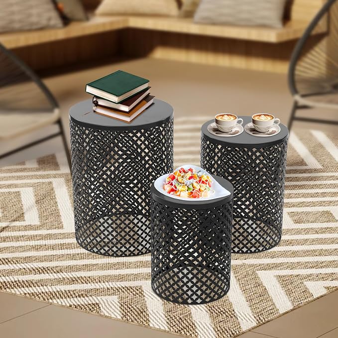 Outdoor Side Table Set of 3, Decorative Garden Stool for Indoor Outdoor Heavy Duty Metal Frame Accent Table Modern End Table for Gardens, Balconies, Bedrooms, Kitchens, Cafes, Black