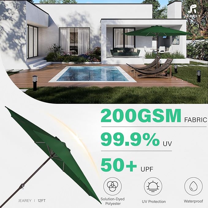 JEAREY 12' Patio Umbrellas Outdoor Table Market Umbrella w/Crank, 8 Sturdy Ribs, UV Protection Windproof for Garden, Deck, Backyard (Green)