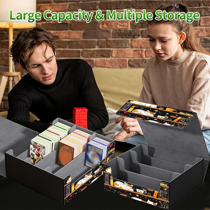 Card Deck Box for MTG, Cards Storage Box Fits 120+ Sleeved, Leather Big Size Strong Magnetic Closing Case for Board Games Magic TCG CCG Baseball Collection Women Man, Black Book Cat