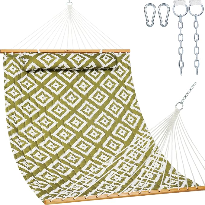 Lazy Daze Hammocks 12FT Quilted Fabric Hammock with Soft Pillow, Double 2 Person Tree Hammock with Spreader Bar for Outside Patio Poolside Backyard Beach, 450 lbs Capacity, Green Geometric