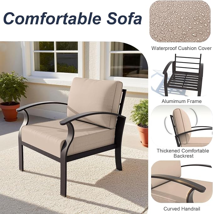 ALAULM Aluminum Patio Furniture Set with Coffee Table Rectangular, 8-seat Outdoor Sectional Furniture w/5.1" Cushions, Patio Conversation Set for Porch, Backyard, Poolside-Sand