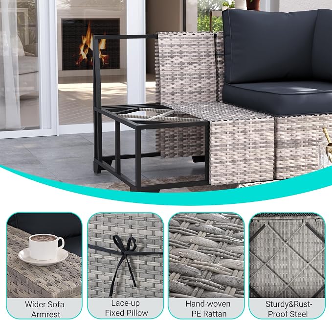 8-Piece Outdoor Patio Furniture Set Wicker Sectional Sofa Set with Ottomans, Patio Conversation Set with Thickened Cushions & Coffee Table for Garden, Backyard, Poolside, Dark Grey