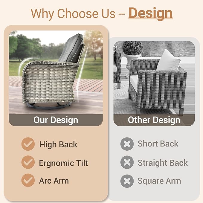 HOOOWOOO Patio Furniture Set,5 Pieces Wicker Outdoor Furniture,High Back Conversation Set with All Weather Resistant Swivel Chairs with Ottoman Side Table,Dark Gray
