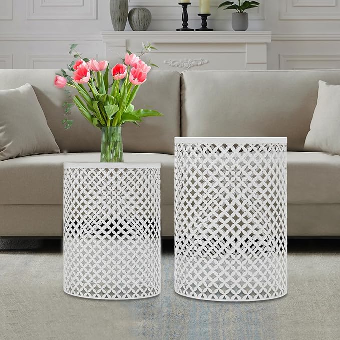 Side Table Set of 2, Iron Side Table 14.6x19.3In & 12.6x16.5In, Metal Accent Table with Openwork Flower Pattern, Cylindrical Freestanding Outdoor End Table for Patio Garden Living Room (White)