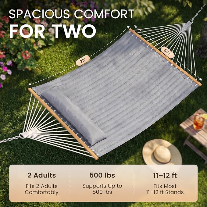 Everyfun Double Hammock with Spreader Bar - 2 Person Patio Hammock, 500 lbs Capacity, Soft Pillow & Carry Bag, Flat Wide Bed, Portable Quilted Hammock for Outdoor Camping Backyard Garden,Dark Gray