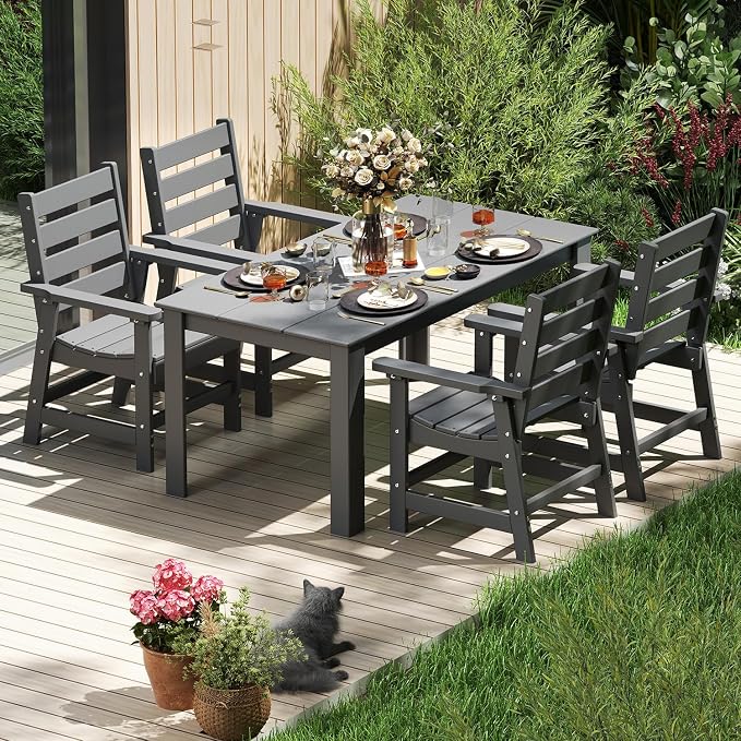 IVY&LANE Outdoor Dining Table | HDPE | 67’’ Rectangle Tables | Grey | All Weather | Umbrella Hole | Patio Furniture | for Poolside Lawn Garden Backyard