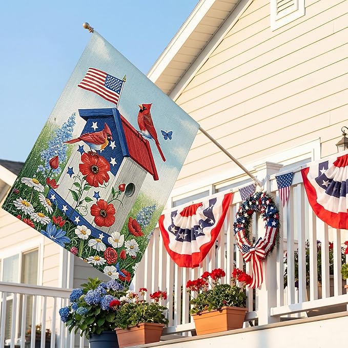 OTOSTAR Welcome Patriotic America 4th of July Garden Flag 28x40 Inch Double Sided Red White Blue Stars and Stripes Yard Outdoor Decorative Independence Memorial Day Garden Flag (House and Birds)