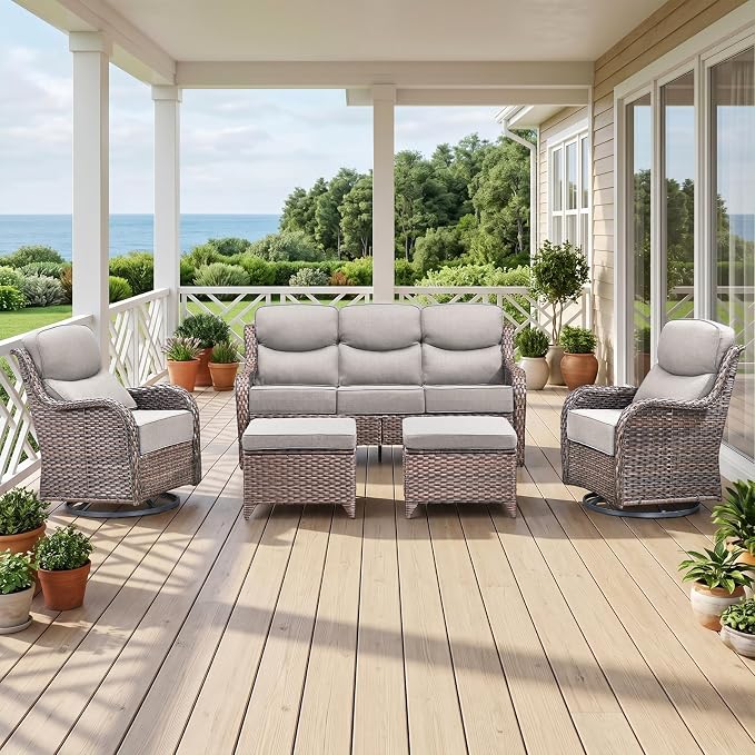 Luxury High Back Outdoor Furniture with 6-Inch Thick Cushions, Patio Furniture Set with Swivel Chairs, 5 PCS Wicker Conversation Set for Porch, Balcony, Deck and Yard