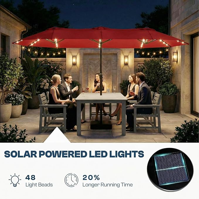 15FT Large Outdoor Patio Umbrella with Solar Lights and Base, Double-Sided Table Umbrellas with 48 LED Lights, Rectangle Market Umbrella for Pool, Deck, Backyard