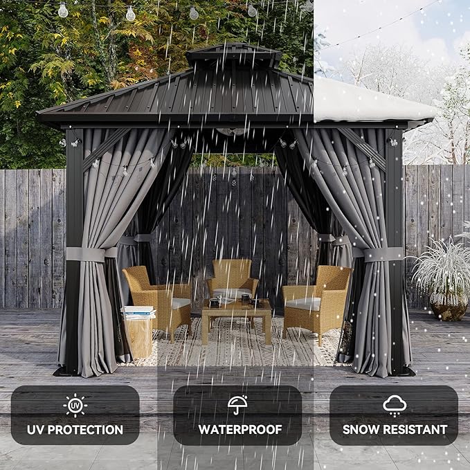 Aoxun 10’x10’ Hardtop Gazebo, Permanent Metal Pavilion with Galvanized Steel Double Roof, Outdoor Pregola for Lawn, Garden, Patio (Black)