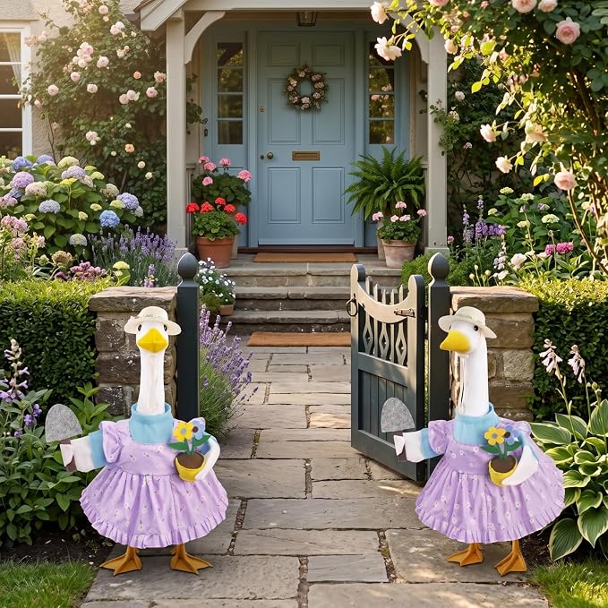 Erythem Gardener Porch Goose Outfits, Cute Spring Porch Goose Clothes with Straw Hat, Shovel & Flower Pot Fits 23" Cement Plastic Geese Statue for Outdoor Garden Yard Decor