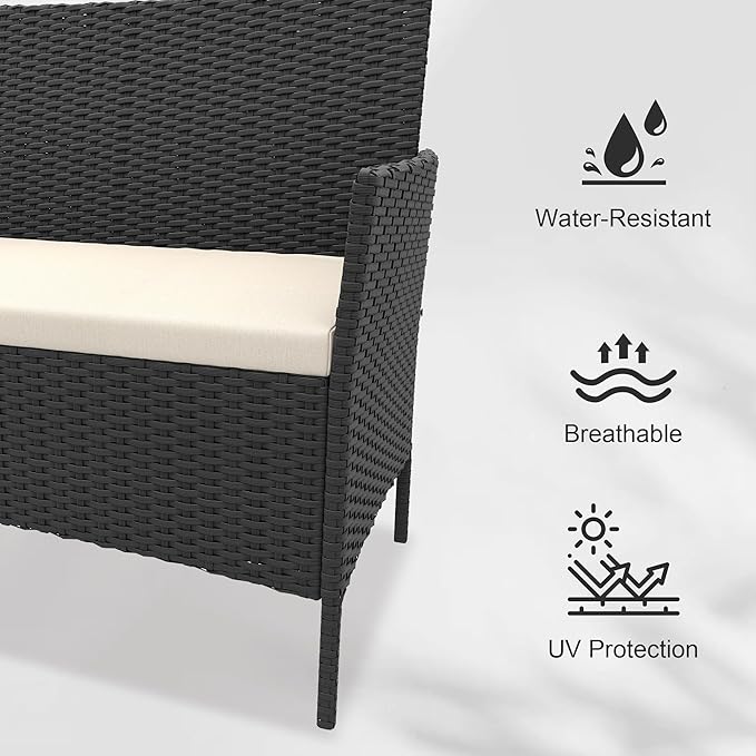 4 Pieces Outdoor Patio Furniture Sets,Wicker Rattan Conversation Sets, Bistro Patio Set with 2 Chairs,Soft Cushion,Loveseat and 1 Glass Coffee Table for Backyard Porch Garden Poolside Balcony,Black