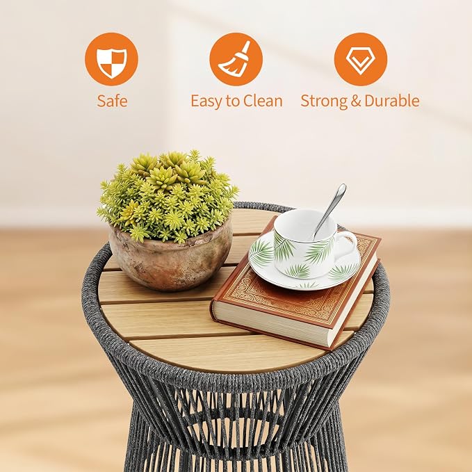 Garvee Outdoor Small Side Table, 20’’ h Patio Rattan End Table with Wood Top Round Coffee Table for Living Room Outdoor Patio Backyard Poolside