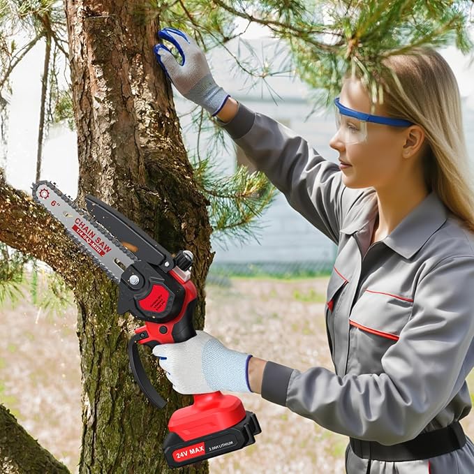 6 Inch Mini Chainsaw Cordless, 24V Battery Powered Handheld Chainsaw | 2×2000mAh Batteries, Auto Oiler, Lightweight, Electric Chainsaw for Tree Trimming, Wood Cutting, Gardening-Red