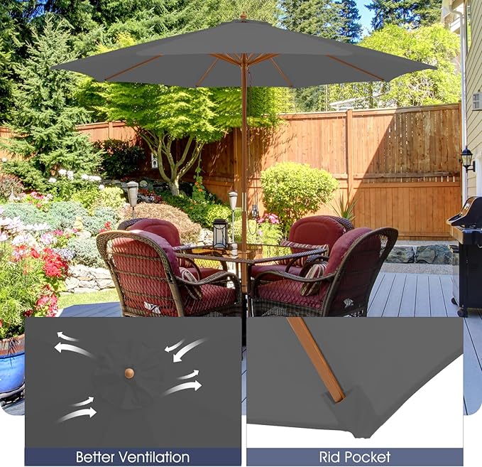 Giantex 10FT Patio Umbrella, Outdoor Table Market Umbrella with 8 Bamboo Ribs, Pulley Lift and Ventilation Hole, Outdoor Sunshade Umbrella for Poolside Backyard Beach