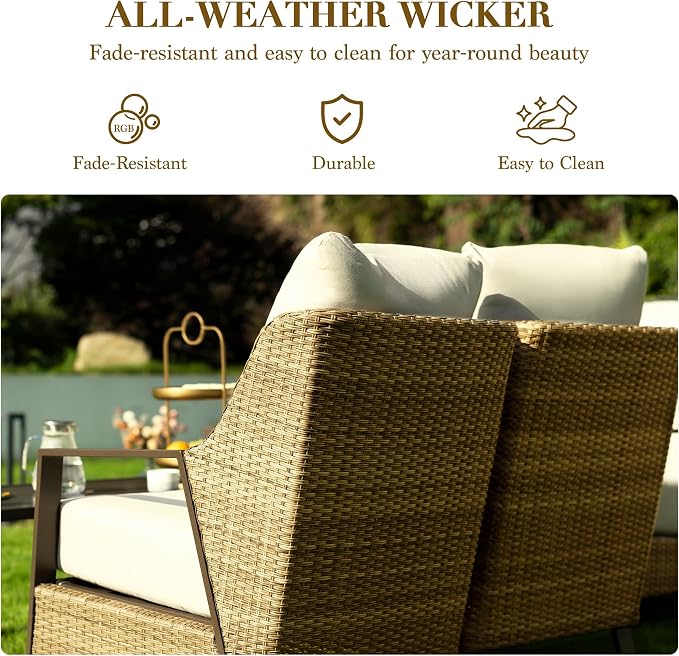 Outdoor Sofa 3 Seat Patio Couch, All-Weather PE Rattan Wicker Loveseat with Washable 4.7" Thick Cushions, Outdoor Furniture for Deck, Porch, Balcony, Backyard, Beige