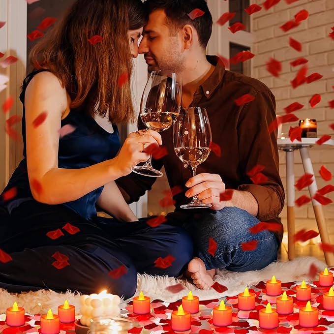 Coume 6000 Pcs Artificial Rose Petals with 72 Pcs Flameless LED Candles Romantic Decorations Fake Candles Anniversary Decorations for Valentine's Day Wedding Night(Red with Red Series Petal)