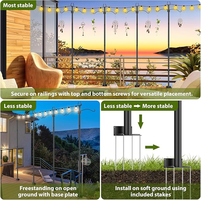 4 Pack String Light Poles, 9FT Light Poles for Outside, Outdoor Light Poles for Patio Deck Decor Heavy Duty Metal Patio Light Poles for Backyard Accessories Wedding Party Camping Decorations, Black