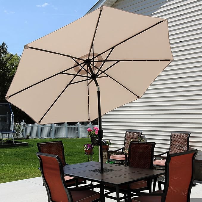 Sunnydaze 9 ft Outdoor Patio Umbrella with Solar Lights - Polyester LED Table Market Umbrella with Push-Button Tilt and Crank - Beige
