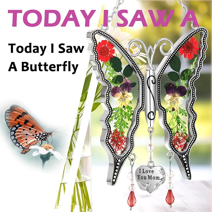 KY&BOSAM Mom Gift Butterfly Glass Pressed Flowers Suncatcher Window Hanging | I Love You Mom Charm Sun Catchers Wind Chime Ornament,Metal & Dried Flowers,Mothers Day Gifts for Mom Birthday Christmas
