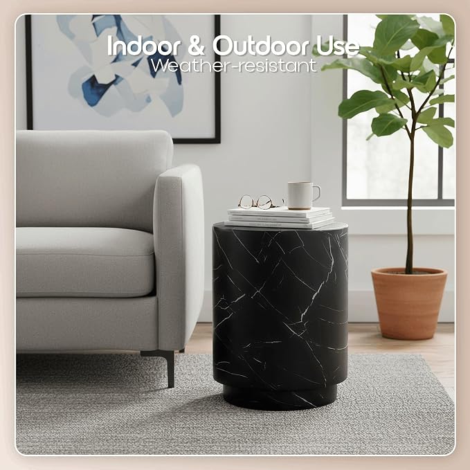 LeisureMod 14” Wide Round Side Table in Fiberstone with Travertine/Painted Finish Tapered Base Indoor and Outdoor Use for Modern Home, Living Room, Patio, Backyard Ramble Collection (Black Marble)