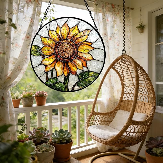 DASTOLL Stained Glass Window Hanging - Sunflower Flower Suncatcher Ready to Hang Window Doors Home Decoration and Christmas, Mother's Day Birthday Gifts for Women, Men, and Mom 14.9x14.9 in