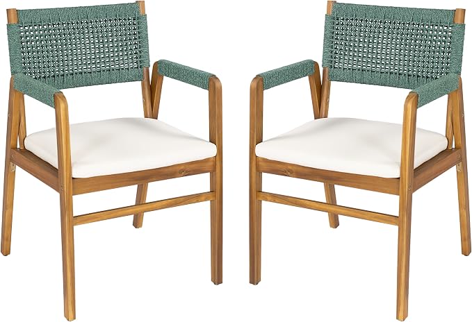 Christopher Knight Home 6-Piece Outdoor Dining Set, Acacia Wood Patio Table with Brown Wicker Bench and 4 Green Wicker Armchairs, Teak Finish, Beige Cushions, Backyard Garden Deck Furniture
