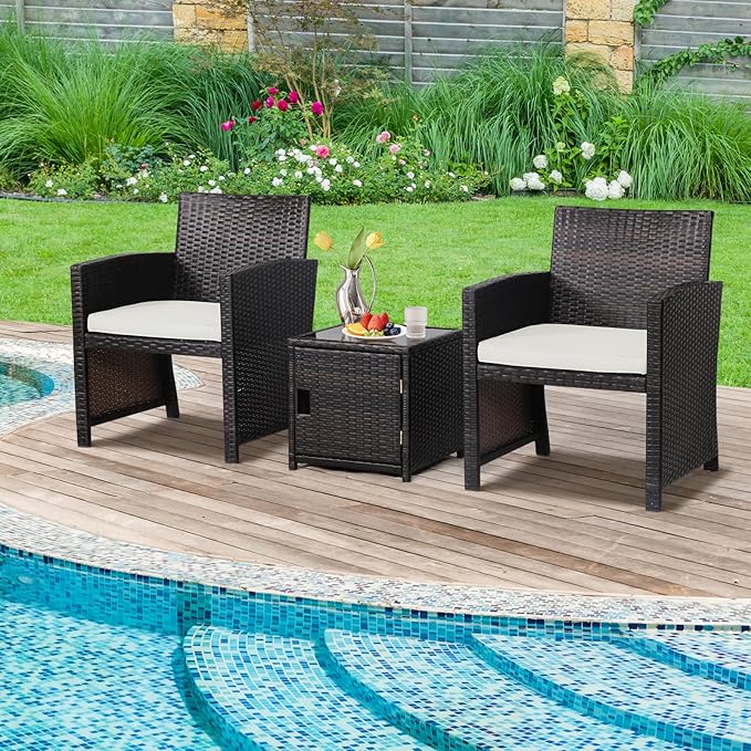 Tangkula 3 Pieces Outdoor Wicker Conversation Set with Waterproof Cover, 2 Patio PE Rattan Cushioned Chairs with Side Storage Table, Suitable for Front Porch, Balcony, Garden, Poolside (White)