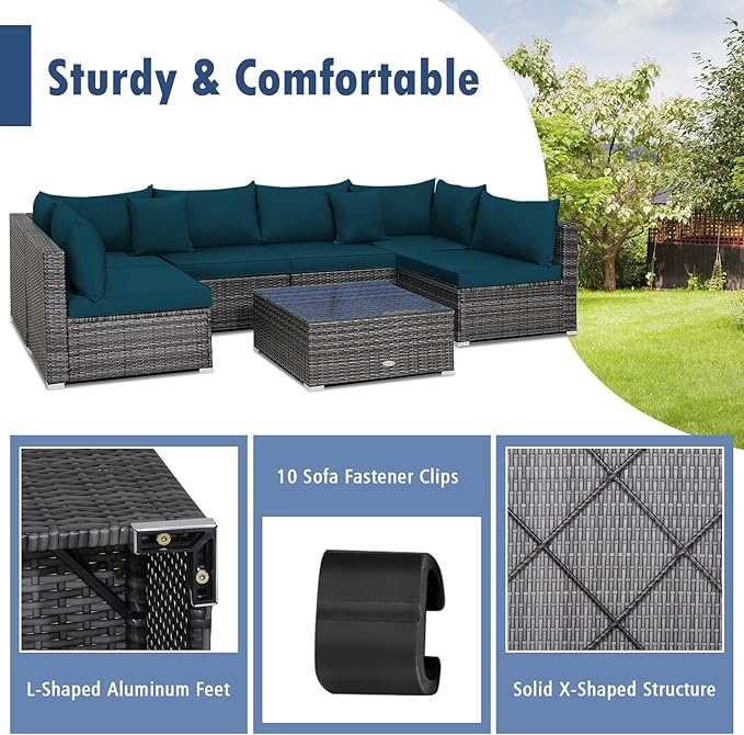 Tangkula 7 Piece Patio Wicker Furniture Set, Outdoor Rattan Sectional Sofa Set for 6 with Seat & Back Cushions, 2 Throw Pillows, Sofa Fastener Clips, for Backyard, Poolside, Deck (Peacock Blue)