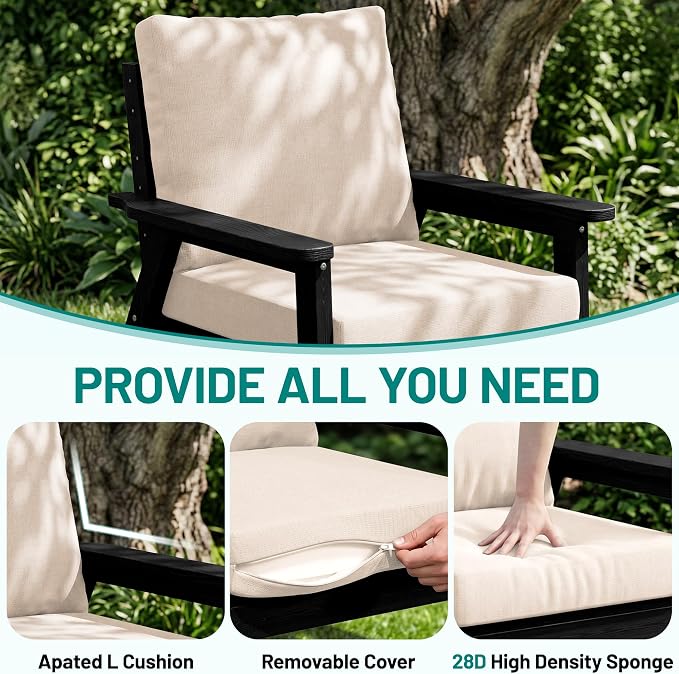 PLUUV 4-Piece HDPE Patio Sofa Set, All-Weather Outdoor Sectional Furniture with Thick Cushions, Modular Couch Set for Deck, Lawn, Black Frame with Khaki Cushion